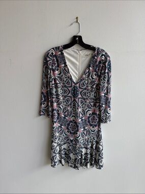 Eliza J Navy, Pink & White Paisley V-Neck Fit-and-Flare Dress